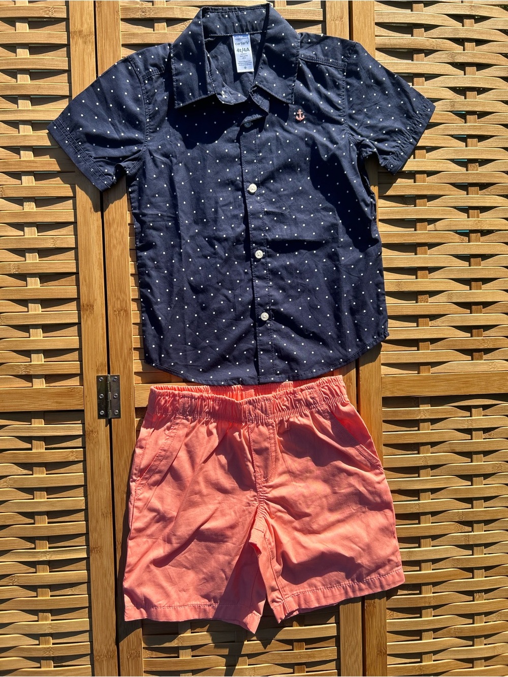 🔥3/$8-Carter's Navy Blue Polka Dot Shirt with Coral Shorts
